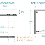 Large Stainless Splashback Corner Bench, matches 700mm sinks & splashback benches, 900 x 900 x 900mm high-3113