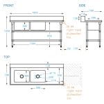 Stainless Double Sink Dishwasher Inlet Bench, Left Configuration 1800 x 700 x 900mm high.